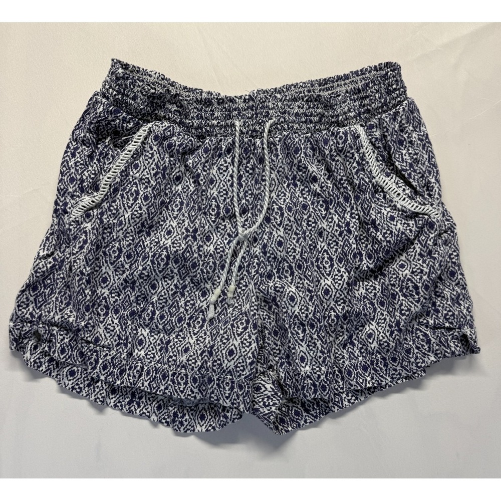 Briggs Shorts Womens Large Blue White Geometric Print Linen Mid Rise Drawstring